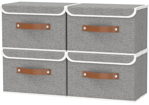 OUTBROS 4 Pezzo Scatole Cartone con Coperchio, Cubi Pieghevole, 38x25x25 cm Organizer Armadio, Contenitore di Tessuto con Maniglia, Cestini per vestiti, Grigio