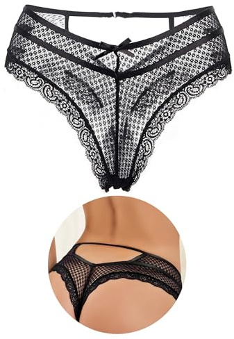 sunshinelady Plus Size Brazilian Knickers for women Tanga Briefs Ladies Hollow Out Sexy French Knickers Size 16-18 Lace sheer Panties Cotton Crotch Underwear Breathable Black