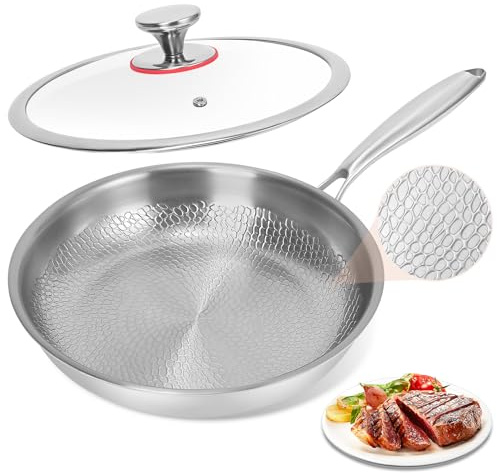 Gvdeirn Stainless Steel Frying Pan with Lid 28cm Saute Pan Lotus Leaf Pattern Premium 3-Ply Stainless Steel Frying Pan for Searing & Sauteing Suit for Induction, Gas, Electric Hobs