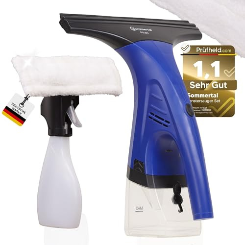 Sommertal Kit aspirateur de vitres électrique, nettoyeur de vitres avec batterie 1600 Pa, réservoir de 250 ml, flacon pulvérisateur et tampon en microfibre, raclette pour un nettoyage sans traces