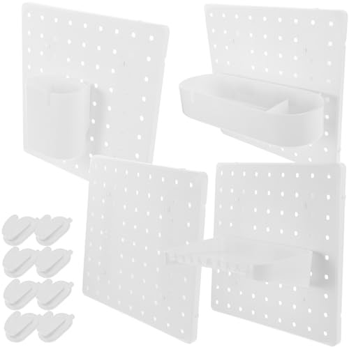 HIAKDOFT Organisateur Mural en Panneau Perforé 12 Pièces sans Perçage Support de Rangement Plastique Blanc Kit Complet Étagères Crochets et Boîtes pour Atelier Garage et Maison