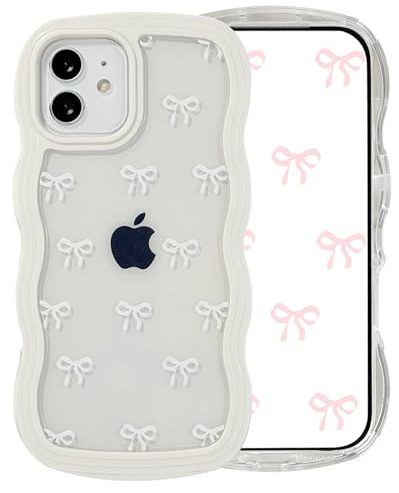 Riccase for iPhone 12 Case Bow Curly Wave Frame Phone Case, Shockproof Clear Soft Transparent Silicone Protective Bumper Cover for Women Girls, White