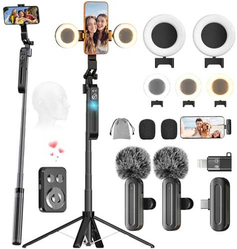Phone Tripod with Light, 2 Pack Lavalier Mic, 71 Extendable Auto Face Tracking 360° Rotation, 1/4 Camera Mount & Remote, No App Needed, Vlogging Kit for iPhone Android YouTube TikTok Live Streaming
