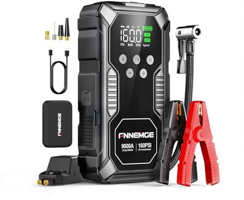 FNNEMGE 9000A Bilstartare med 160PSI Luftkompressor, 26800mAh Portabel 12V Bilbatteristartare (för Allt Bensinmotor och 12,0L Dieselmotor), utrustad med USB-utgångar, LED-belysning och stor HD-skärm.