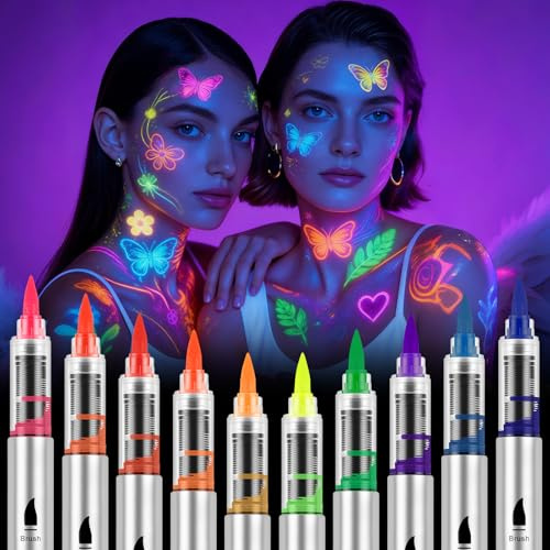 AOOWU Fluorescenti Matite Trucco per Viso e Corpo, 10 Colori Lavabile UV Fluorescente Colorato Neon Kit, Coloranti Naturale e Sicuro, Feste, Trucco Make-up, Halloween, Carnevale
