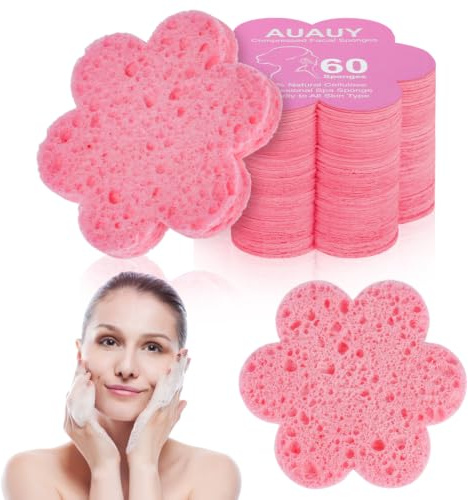 AUAUY 60 st ansiktsrengöringssvamp, ansikte tablett Skum, Blommor, Rosa | 100 % naturliga svampar tabletter för enkel rengöring, peeling, sminkborttagning