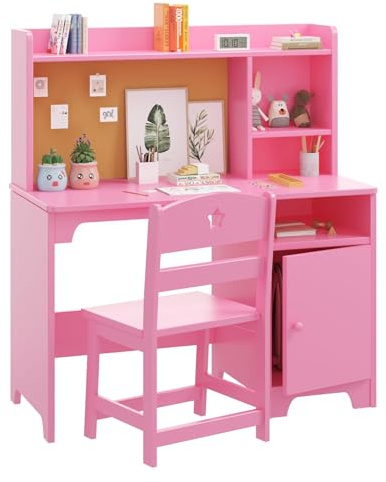 OPULENTHOME - Conjunto de escritorio y silla para niños con almacenamiento, mesa de escritura infantil con estante y organizador - Estructura de madera de ingeniería - Regalo para niños y niñas de 3 a