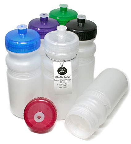 Rolling Sands USA Made 20 Ounce Sports Water Bottles - 6-Pack BPA-Free Blank Sports Bottles for Small Teams, Adults & Kids - Clear Frost Bottle/Variety Lid, No Smell No Taste