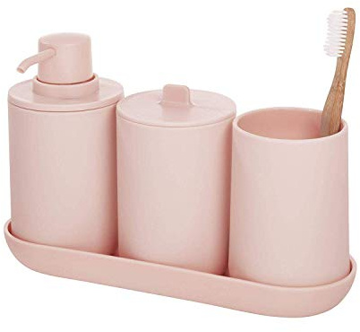 iDesign, Set de Rangement, Accessoire Salle de Bain (4 articles) avec Distributeur Savon, Verre à Dents, Rangement Coton et Tablette en Plastique, Organiseur Salle de Bain, Rose