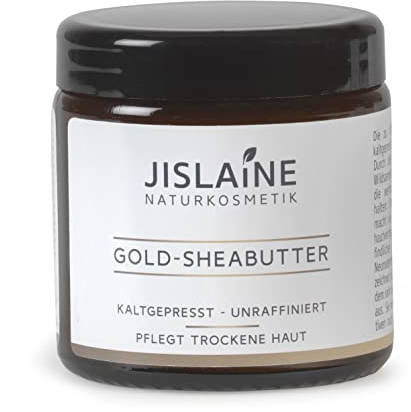 Jislaine Gold-SHEABUTTER - Kaltgepresst und unraffiniert für sehr trockene Haut & Haare -> Komplett vegan & ohne Palmöl - beste Hautpflege - im Glastiegel (120ml)