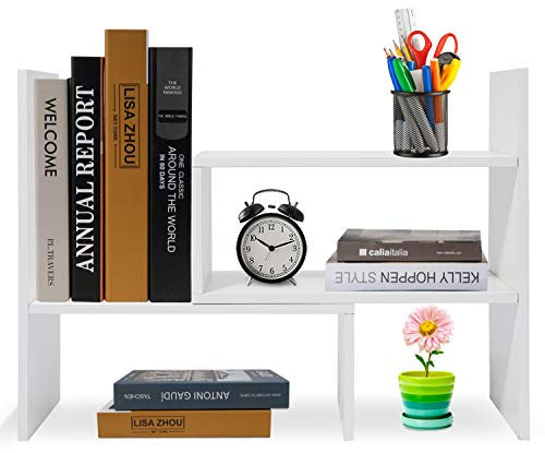 Hossejoy Adjustable MDF Desktop Bookshelf Desk Storage Organizer Display Shelf Rack, Counter Top Bookcase,White