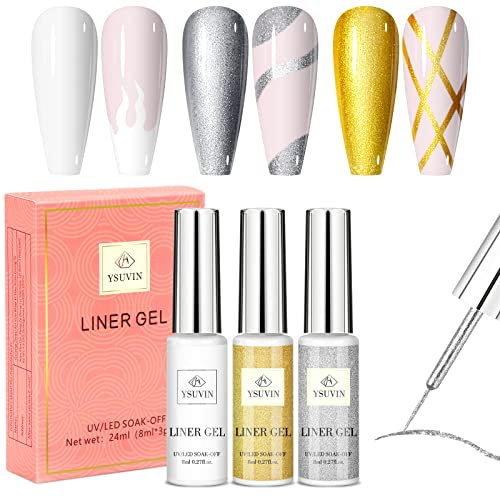 Yueshop Art Liner Gel Nail Polish Set - UV LED Soak-Off Polish in Gold, Silver, White (3x 8ml) - Drawing Pen for Manicure