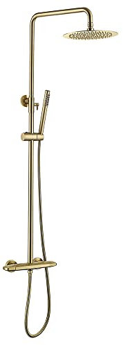 Wall Mounted Shower Column System Set, 10 Rainfall Shower Head Exposed Thermostatic Shower System, 2-Functional Shower Fixtures with Brass Valve, Height Adjustable with Hand Shower,Brushed Gold