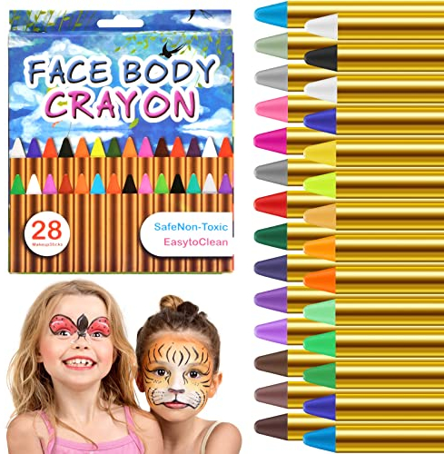 Kinderschminke Set 28 Farben, Gesichtsfarbe Abwaschbare, Faschingsschminke, Schminkstifte für Kinder Erwachsene, Körperfarben, Körper Buntstifte für Halloween Weihnachten Fasching Maskerade Party