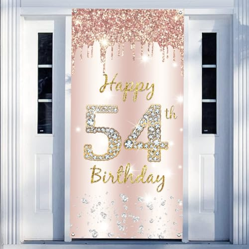 54. Geburtstag Deko Frauen, Happy 54th Birthday Door Banner Roségold Stoff Schild Plakat Türdekoration, 54. Geburtstag Hintergrund Banner Damen, Geburtstagsfeier Willkommensschild