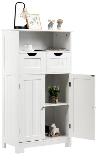 KOMFOTTEU Badrumsmöbel med 2 lådor och 2 dörrar, 60 x 30 x 109 cm, fristående MDF-golvskåp, förvaringsskåp för vardagsrum, toalett, sovrum, kök (vit)