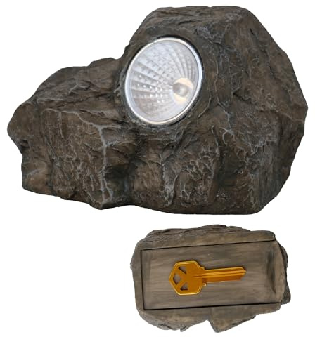 Memeyou Hide a Spare Key Outdoor Waterproof Fake Solar Rock lights Key Hider Holder Safe Secret Storage Box For Outside Garden Landscape Spot Lights Decorative Faux Stone Geocache Containers