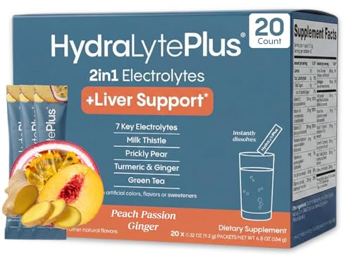 Hydralyte Liver Support + Electrolyte Mix with Milk Thistle, Turmeric, Ginger, Prickly Pear, Green Tea Extract Formulated for Rapid Rehydration (Peach Passion Ginger, 20 Packets)