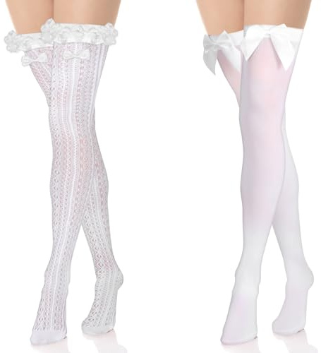 Abeillo 2 Pairs White Thigh High Stockings Lace Satin Bow Stockings Women Tight Hosiery Over Knee Long Stocking