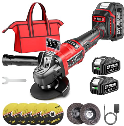Avhrit Amoladora angular a batería de 125 mm, Amoladora Angular Inalámbrica con 2 baterías de 4000 mAH, pantalla LED, motor sin escobillas para amolar metal y eliminar óxido.