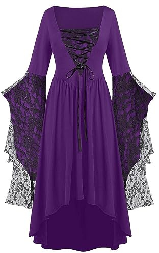 Maxi abito vintage da donna, maniche a pipistrello, taglio ampio e asimmetrico, stile medievale, rinascimentale, vittoriano, gotico, per cosplay, Halloween, Carnevale, in pizzo, effetto patchwork