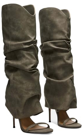 MAIJED Slouchy Knee High Boots for Women Open Toe High Heel Sandals Boots Pull On Long Fashion Stiletto Heeled Boots Green Size US8