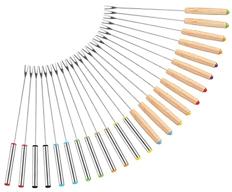 Asyduey Confezione da 24 Forchette per Fonduta in Acciaio Inossidabile, 12 Manici in Legno e 12 Manici in Acciaio Inossidabile, Bastoncini Smores Resistenti al