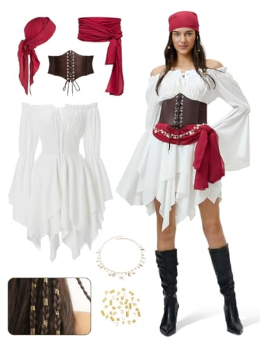 Costume Pirata Donna Set Completo – Abito Off Shoulder a Doppio Strato con Corsetto, Fascia e Bandana, Catena Vita Regolabile e Perline Capelli – Ideale per Carnevale e Feste a Tema (Bianco, S)