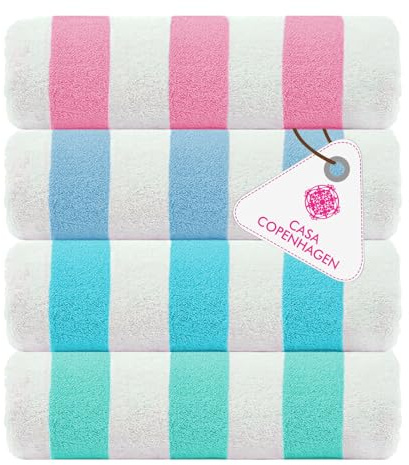 Casa Copenhagen-Cabana 4Pieza de Playa–Rayas de diseño en (Rosa, Azul Cielo, Azul Agua, Turquesa)–Tamaño XL 76x152cm Toallas 100% algodón para Piscina y baño–Caja de Regalo para Mujeres y Hombres