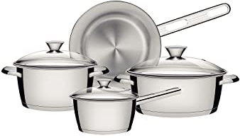 TRAMONTINA - Batería de Cocina Allegra, de Acero Inoxidable y Terminación Brillante, con Fondo Triple y Tapas, 4 Piezas