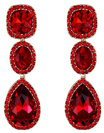 EVER FAITH Rhinestone Cristal Fiesta Moda Nupcial Lágrima Aureola Pendientes Colgantes Halo Rojo Tono Dorado