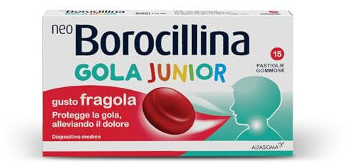NEO BOROCILLINA Gola Junior, 15 Pastiglie Gommose, Sostiene il Ripristino del Benessere della Gola, Riduce il Bruciore e la Sensibilità alla Deglutizione, Gusto Fragola, Dispositivo Medico