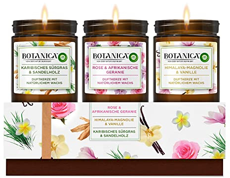Botanica by Air Wick Duftkerzen Geschenkset – 3 verschiedene Düfte – Bis zu 40 Stunden pro Kerze - 3 x Kerze im Glas – In schöner Geschenkbox - mit natürlichen Inhaltsstoffen