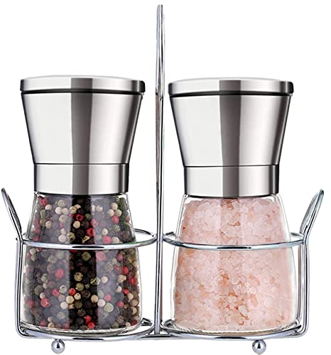 Bugucat Salz und Pfeffermühle 2er Set,Edelstahl Gewürzmühle mit Verstellbarem Keramikmahlwerk, Chilimühle Nachfüllbare Salzmühle &Pfefferstreuer Leer Keramikmühle Salzstreuer für Gewürze Pfeffer Chili