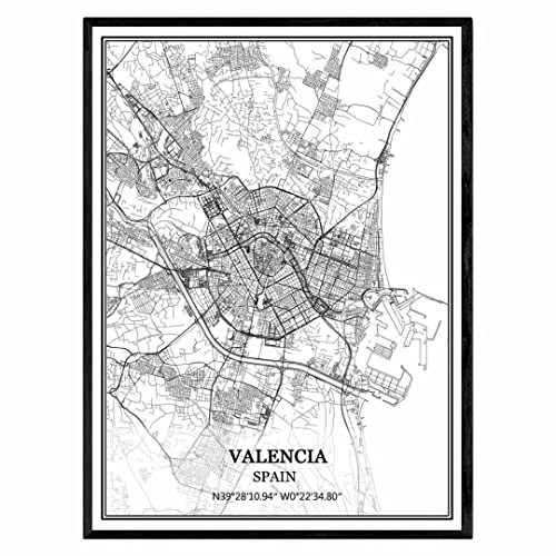 Valencia Spanien karta väggkonst canvas tryck affisch konstverk oinramad modern svart och vit karta souvenir gåva heminredning 9 x 11 tum