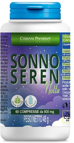 Sonno Seren, Melatonina per dormire - 60 cpr con Melatonina pura, Biancospino, Valeriana, Passiflora e Melissa - Altamente concentrato - Cisbani Pharma integratore per dormire