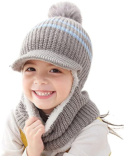 JFAN Chapeau Hiver Chaud Enfants Tricotée Polaire Bonnet avec Visière Capuche Chapeaux Earflap pour Filles Garçons Laine Mohair Multicolore Beanie Gris