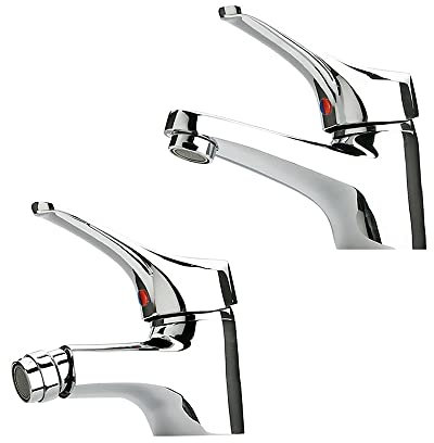 Inbagno Set rubinetti miscelatori lavabo e Bidet cromati, Scarico Incluso, Piralla Serie Ariel (Set Lavabo e Bidet)