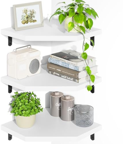 Alsonerbay Eckregal Wandregal Weiß Holz 3er Set, Hängend Schweberegal für Küche, Bad, Schlafzimmer, Wohnzimmer, Büro, Badezimmer, Kinderzimmer - für Pflanzen und Bücher