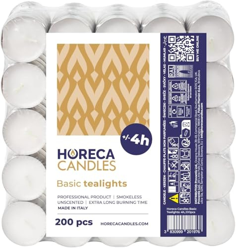 Horeca Candles - Candele Tealight Bianche - Durata 4 Ore di Combustione - Set da 200 Candeline Non profumate - Lumini per Matrimonio, Decorazione, Gastronomia