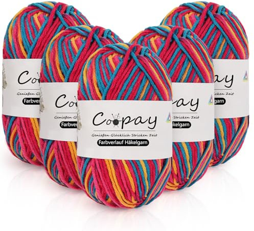 Coopay Wolle zum Häkeln und Stricken - 5 x 50g Farbverlauf Häkelgarn, 5-Fädig, Weich und Dick - Buntes Acrylgarn für Anfänger - Blau, Rosa, Gelb