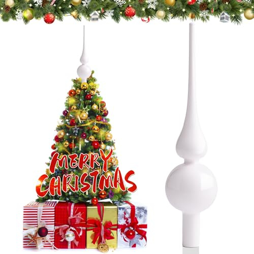 Hukermoon Julgransspets, julgranstopp, 26 cm, glasspets julgran, julgransspets, julträdstoppare för julgransdekoration (vit porslin)