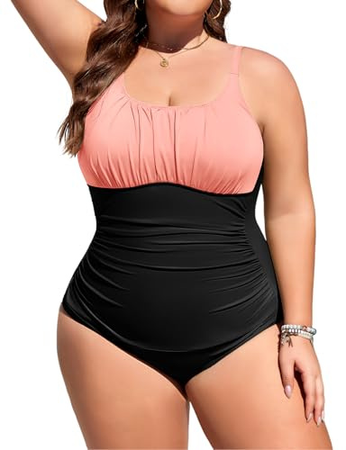 Tuopuda Bañadores Mujer Tallas Grandes Reductor Barriga Bañador Push up con Relleno Trajes de Baño Una Pieza Monokini Bañador Natacion Surf Swimwear para Playa Piscina L-4XL, Rosa&Negro, 4XL