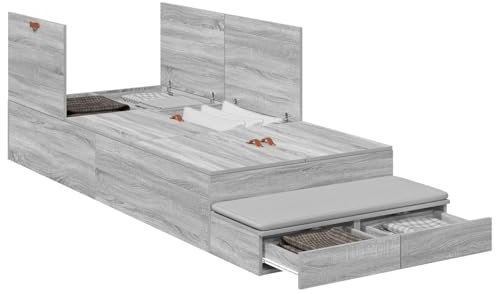 vidaXL Bettgestell Grau Sonoma 90X190 cm Holz mit vielen Schubladen Modernes Design Einfache Montage Schlafzimmermöbel Minimalistisch für Erwachsene