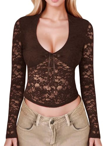 Generisch Top a maniche lunghe in pizzo trasparente con design scavato e fascia anteriore per donna e donna maglia funzionale manica corta, marrone, XS