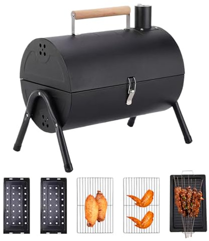 Barbacoa de Barril, Ahumador de Barbacoa con Asa, Barbacoa de Barril Ligera y Ventilada para Terraza, Jardín, Balcón, Camping, Patio y Picnic
