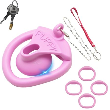 Inverted Chastity Cage Sex Toýs Homme Cage de Chasteté pour Pénis avec Chaîne Métallique et 4 Anneaux Différents Petite Cage Chastetée Légère et Imperméable avec Serrure pour Penis Bondage (Pink)