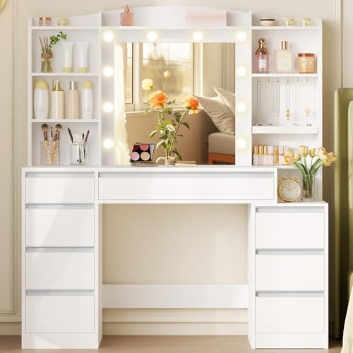 Hzuaneri Schminktisch mit 8 Schubladen, Großer Spiegel mit RGB-LED-Beleuchtung, Integrierte Schmuckablage, 100 cm breite Arbeitsplatte mit Nachttisch, Weiße DT41103XEU‌
