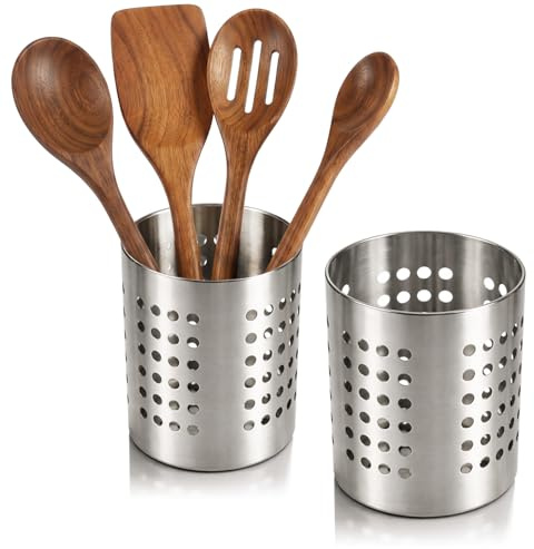 com-four® 2x bestickavrinning i rostfritt stål, köksredskapshållare i metall, bestickbehållare för skedar, modern servetthållare (2 stycken - silverfärgade)