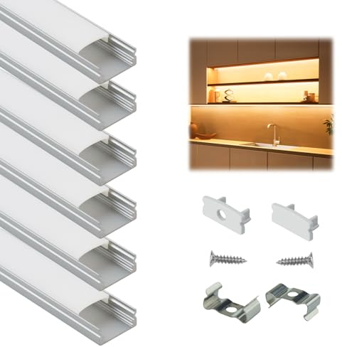 Muzata 6Pack 3.3FT/1M LED Channel Aluminum U Shape Silver LED Strip Diffuser Channel with Milky White Cover Easy Installation U1SW WW 1M